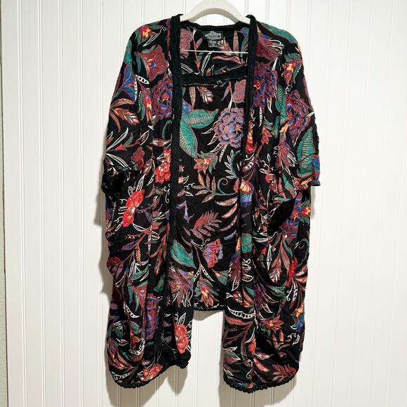Angie Tops - Angie Black Floral Lace Kimono Plus Size 1X
